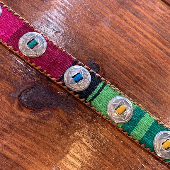 Vintage Guatemalan Woven Leather Concho Belt - Picture 6 of 17